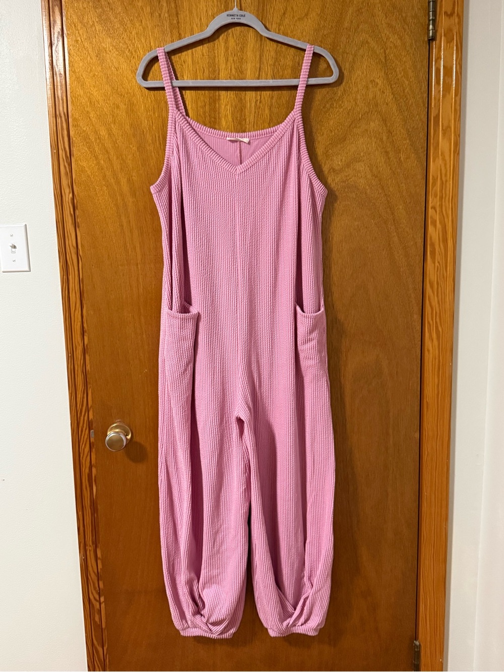 Sleeveless Pink Knit Romper with Front Pockets